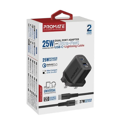 Promate 25W Ultra-Fast Dual Port Wall Charger with USB-C + Lightning 120cm Charging Cable | Qualcomm QC 3.0 | PD Fast Charging | 2-in-1 Charging Kit for iPhone, iPad, Samsung & More