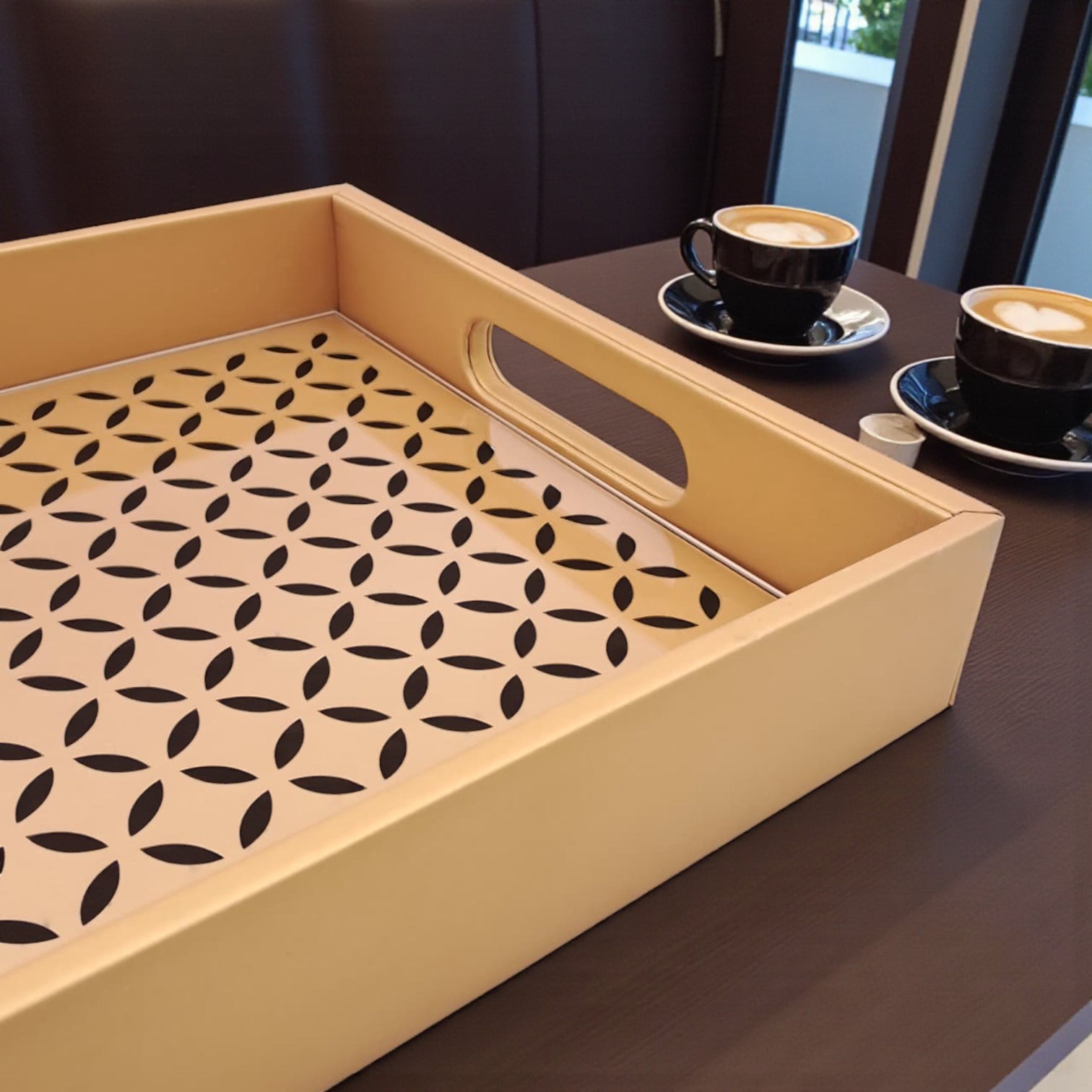 Large Decorative Serving Tray with Cut-Out Pattern | Multipurpose Rectangle Ottoman & Coffee Table Tray | Premium Home Décor Organizer for Dining, Kitchen, Living Room & Office | H(5cm) x W(26cm) x L(45.5cm) - Damoo