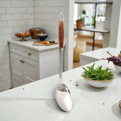 Premium Stainless Steel Kitchen Serving Spoon with Wood-Style Ergonomic Handle – Heavy Duty Cooking & Serving Spoon for Soups, Stews, Rice, Curries & Everyday Use (5H x 7.5W x 36L CM) - Damoo