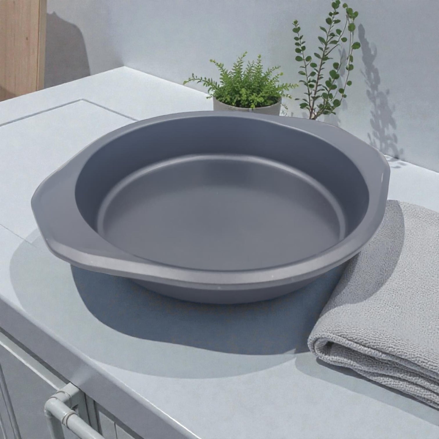 YZJ Round Nonstick Cake Pan with Silicone Handles – Carbon Steel Baking Pan, Grey (4H x 29L × 25.5W CM) - Damoo