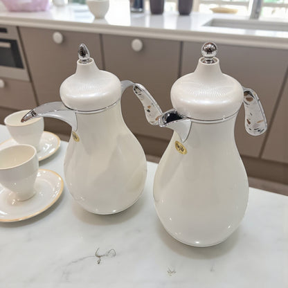 Najib Modern Style Vacuum Flask Set – 0.7L & 1.0L White Silver & White Gold Thermos Duo, Elegant Face Design, Double-Wall Insulated Jugs for Hot & Cold Beverages, Leak-Proof Lid & Ergonomic Handle - Damoo
