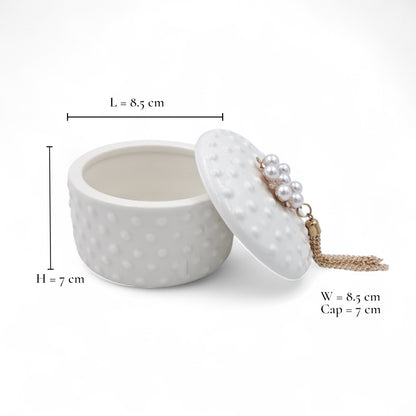 Elegant Porcelain Jewelry Box with Pearl & Crystal Lid – White Round Decorative Trinket Holder with Golden Tassel Accent
