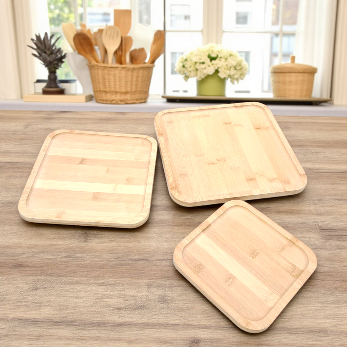 Premium Natural Bamboo Serving Tray Set – 3-Piece Square Wooden Platters for Coffee, Snacks & Home Décor - Damoo