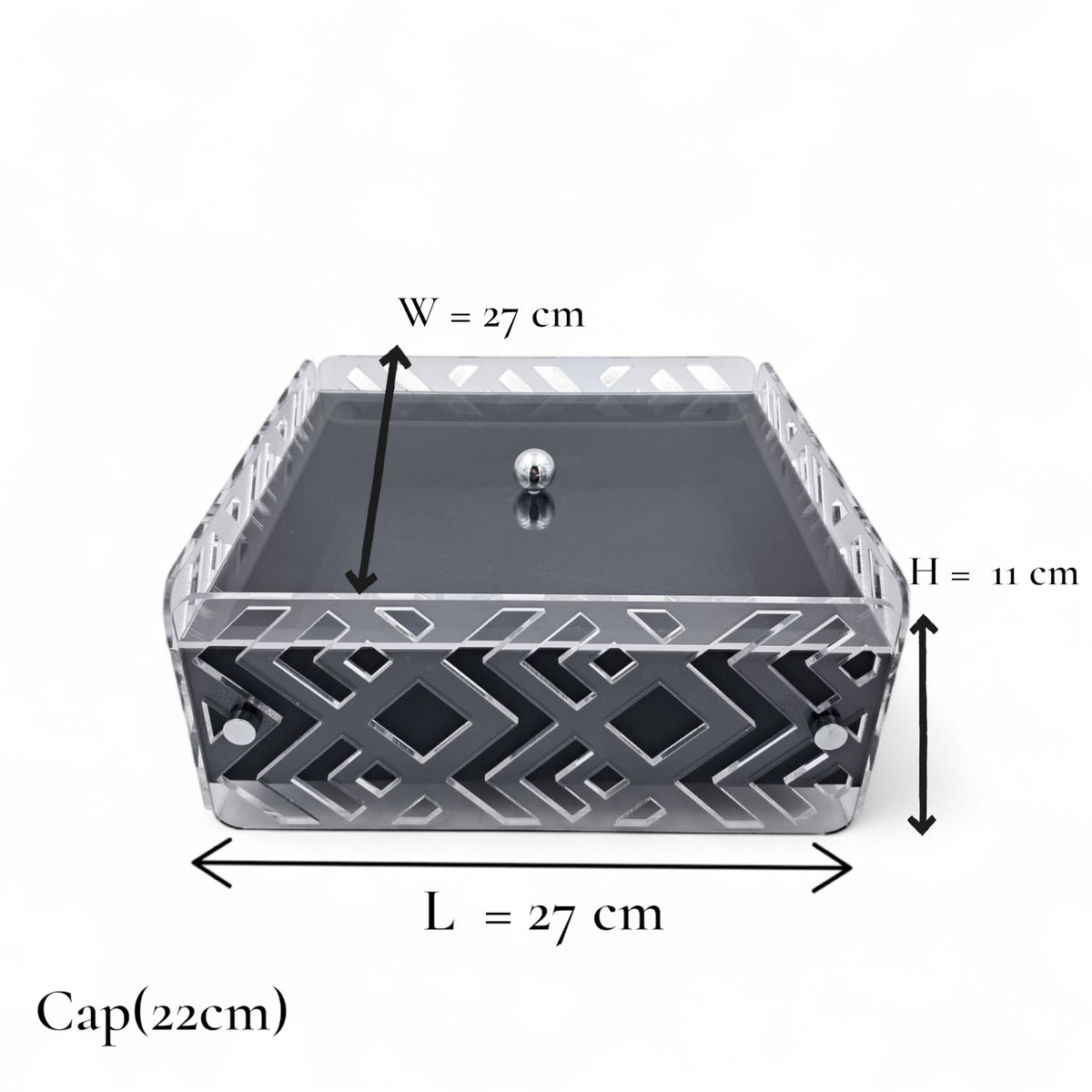 Rectangular Decorative Acrylic Box with Silver Geometric Design & Clear Lid – Elegant Storage or Tissue Case (H11cm x W18cm x L32cm | Cap 27cm)