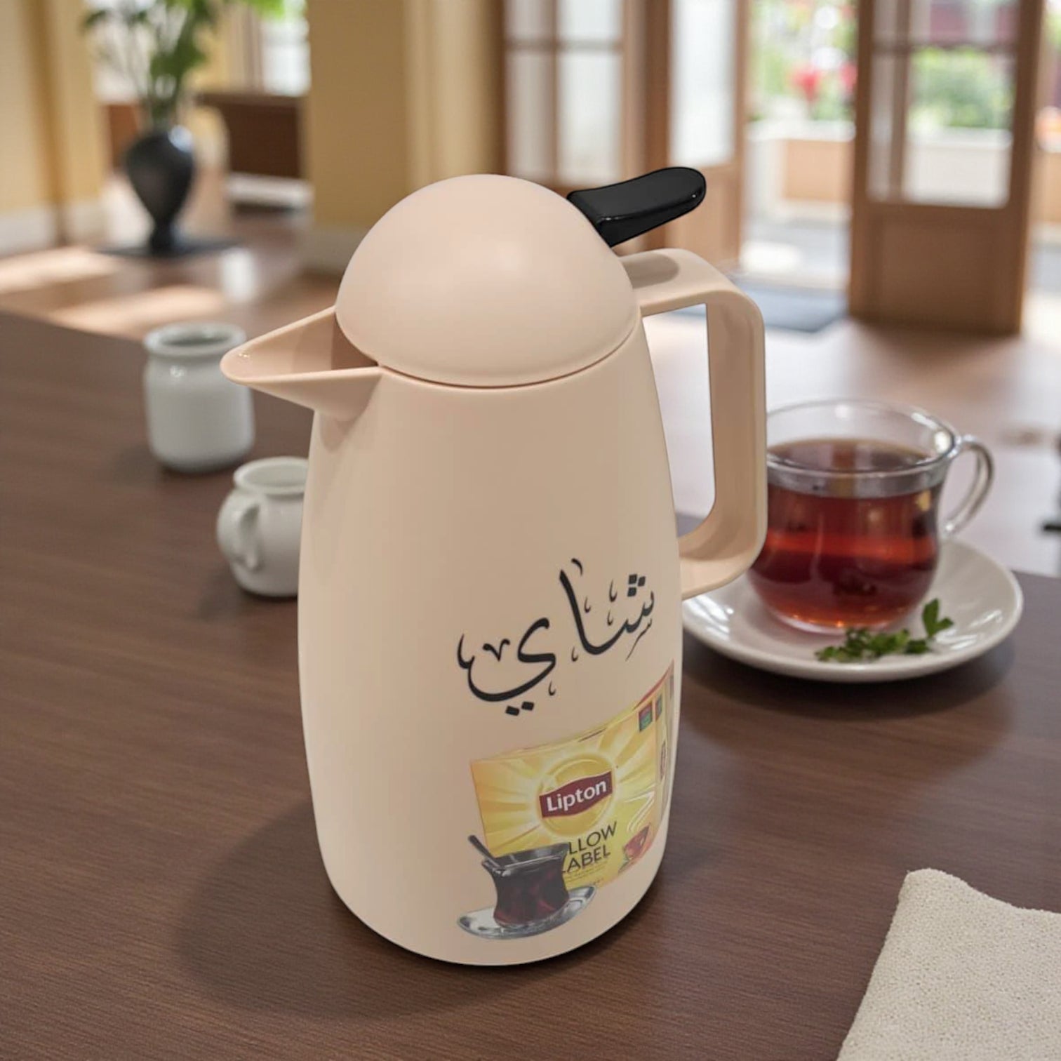 Crystal House Beige Arabic Thermos Flask 1L – Lipton Yellow Label Design | Double-Wall Insulated Tea - Damoo