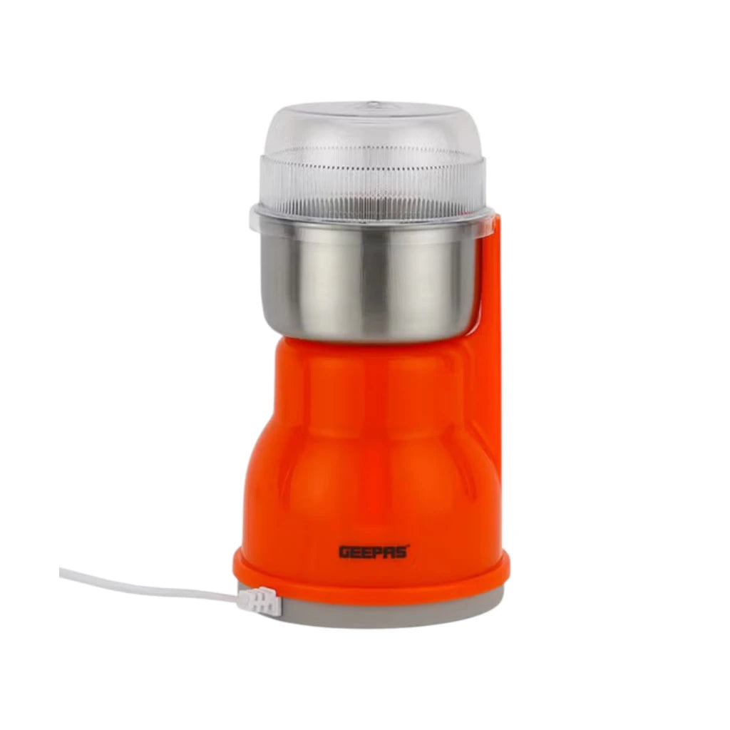 Geepas Electric Coffee Grinder – 300W Powerful Motor with Overheat Protection, Stainless Steel Blades & Bowl | Press-to-Grind Function, 150g Capacity for Coffee Beans, Spices, Nuts & More – GCG5440N – Orange - Damoo