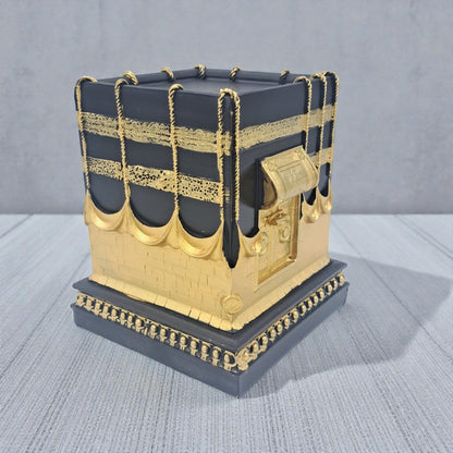 Islamic Kaaba Tabletop Décor – Black & Gold Sacred Architecture Ornament for Home & Ramadan Display (15H x 13L × 13W CM) - Damoo