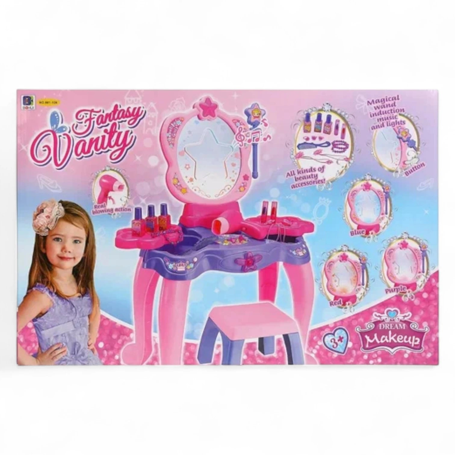 Princess Dressing Table Play Set with Chair, Mirror, Hair Dryer & Cosmetic Accessories – Battery Operated Light & Sound Effects | Interactive Pretend Play Toy for Kids