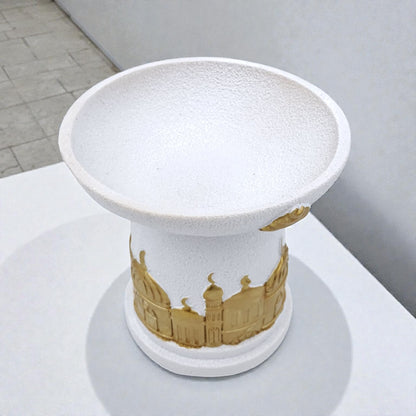 Elegant white and gold Ramadan serving dish inspired by Islamic architecture, perfect for dates, sweets, and majlis hospitality. - Damoo