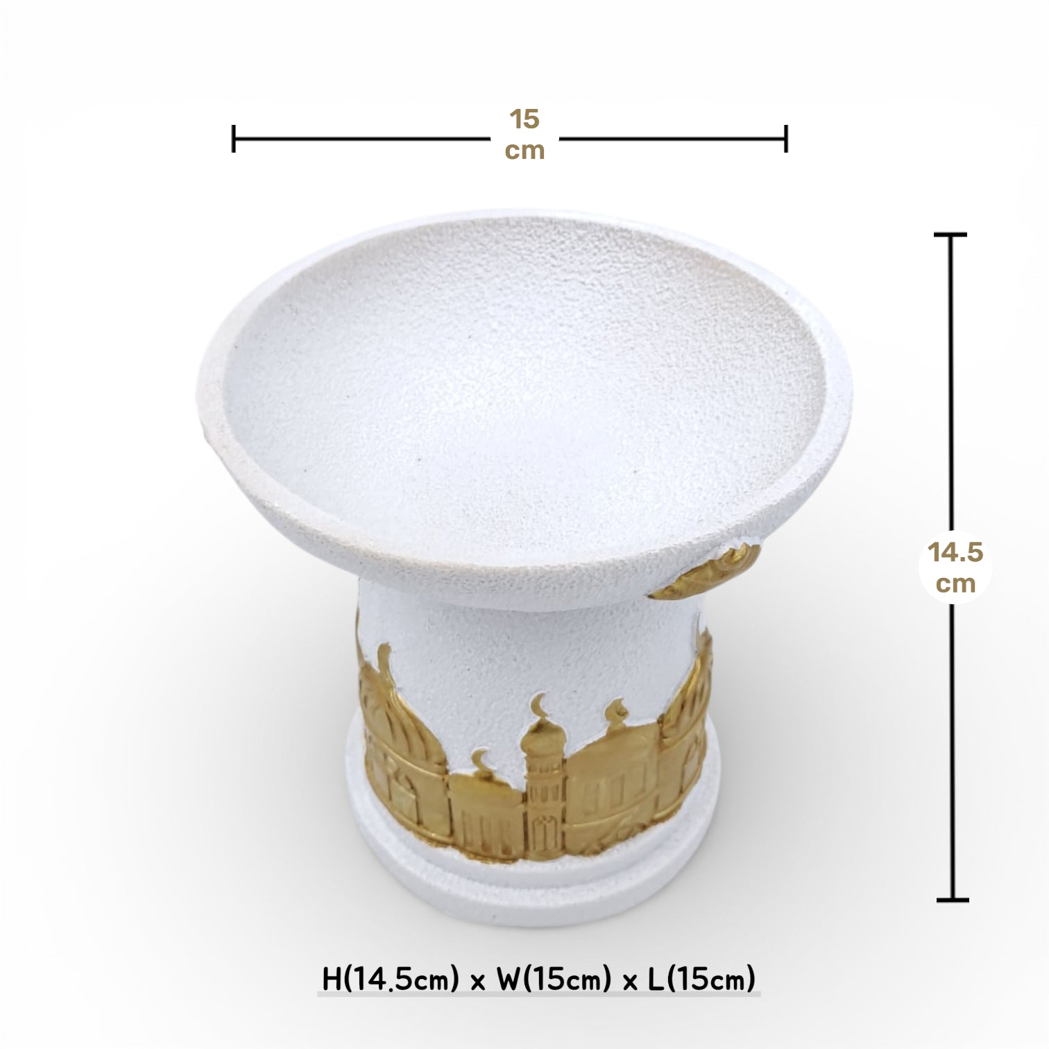 Elegant white and gold Ramadan serving dish inspired by Islamic architecture, perfect for dates, sweets, and majlis hospitality. - Damoo