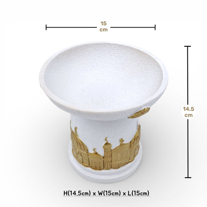 Elegant white and gold Ramadan serving dish inspired by Islamic architecture, perfect for dates, sweets, and majlis hospitality. - Damoo