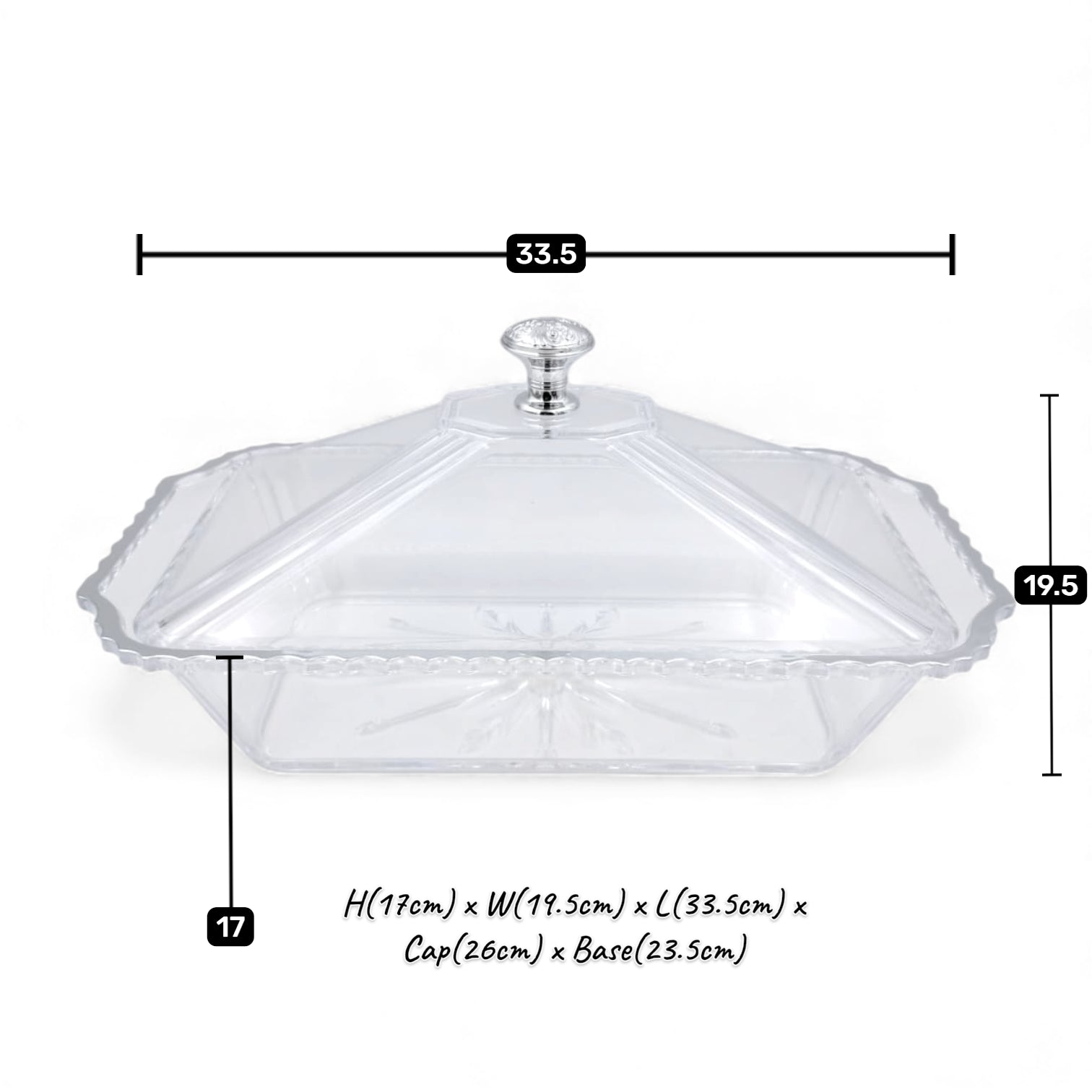 Luxury Acrylic Rectangle Candy Box & Serving Tray with Dome Cover – Crystal-Style Dessert Storage for Sweets, Snacks, Chocolates & Pastries – Silver Clear Lid - Damoo