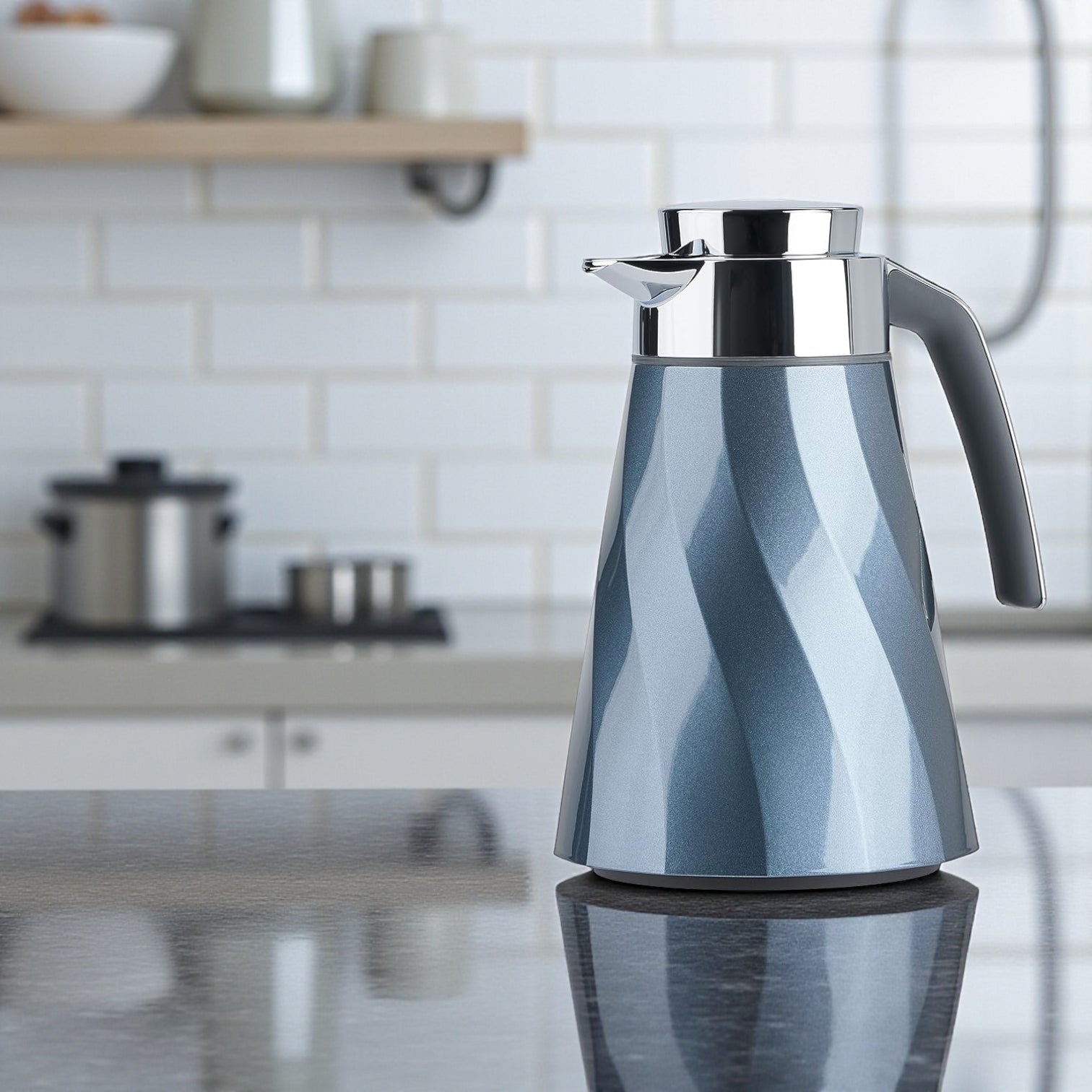 Emsa Cone Thermal Jug Swirl 1 L – Metallic Blue / Silver | Premium German-Made Vacuum Flask with Glass Liner for Hot & Cold Drinks - Damoo