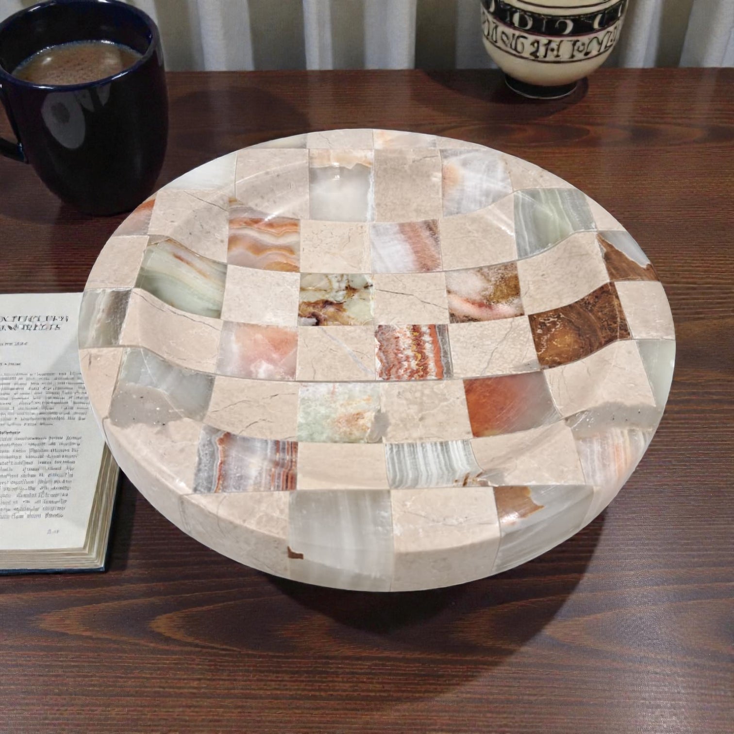 Modern Travertine & Onyx Stone Tray – Handcrafted Checkered Decorative Plate for Jewelry, Keys & Home Décor (H2.5 x 20L × 20W CM) - Damoo
