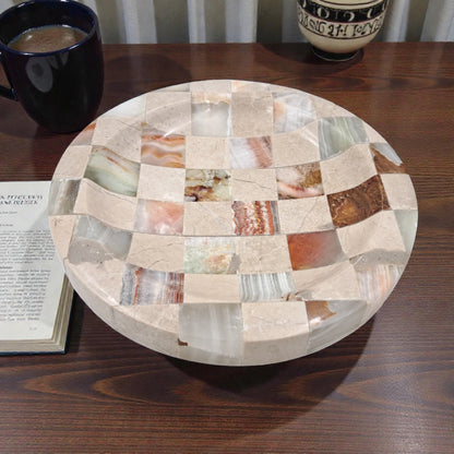 Modern Travertine & Onyx Stone Tray – Handcrafted Checkered Decorative Plate for Jewelry, Keys & Home Décor (H2.5 x 20L × 20W CM) - Damoo