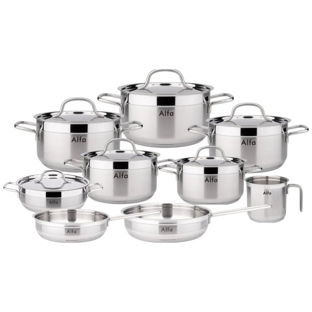 Alfa 15 Pieces Premium Stainless Steel Cookware Set – Induction Base, Silver Pots and Pans with 2.0–12L Capacities