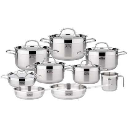 Alfa 15 Pieces Premium Stainless Steel Cookware Set – Induction Base, Silver Pots and Pans with 2.0–12L Capacities