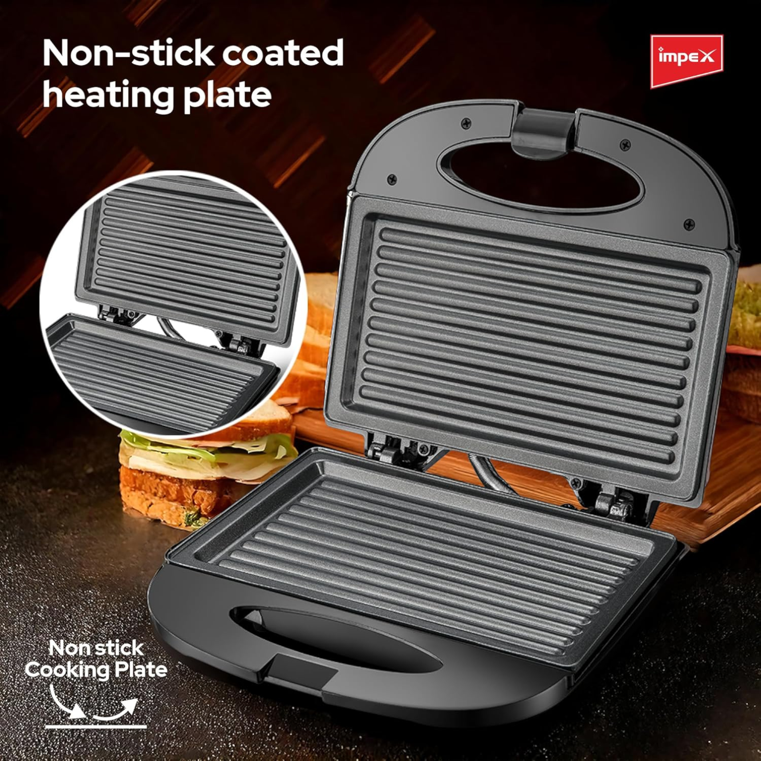 Impex SW 3601 Sandwich Maker | 2-Slice Grill | 750W Powerful Heating | Non-Stick Coated Plates | Indicator Light | Cool Touch Handle | Skid-Resistant Feet | Compact Breakfast Sandwich Toaster - Damoo