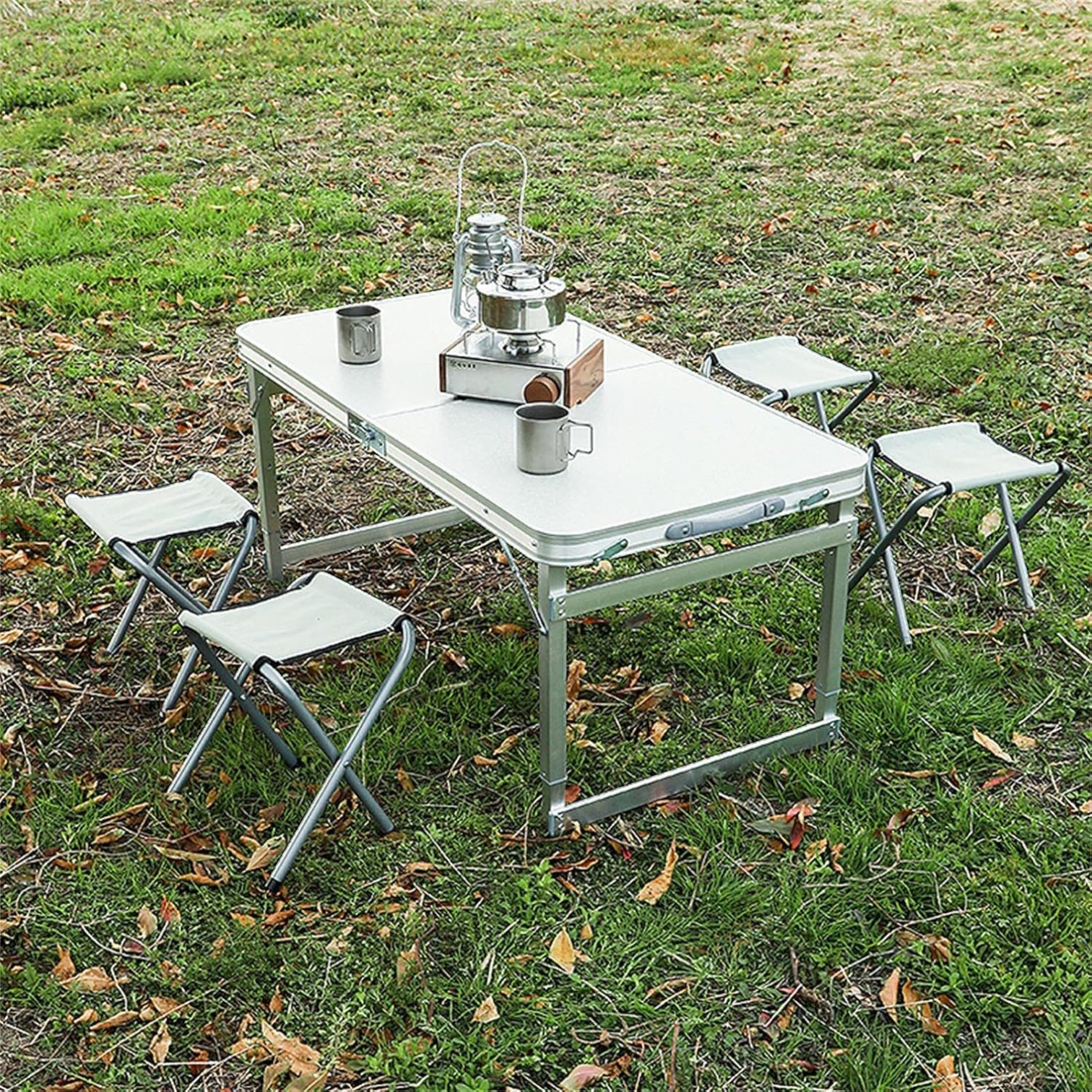 Folding Table with 2 Stools – Portable Camping Dining Table Set with Adjustable Height, Carry Handle & Foldable Design – Lightweight Picnic, BBQ, Indoor & Outdoor Multi-Purpose Table (90x60cm)