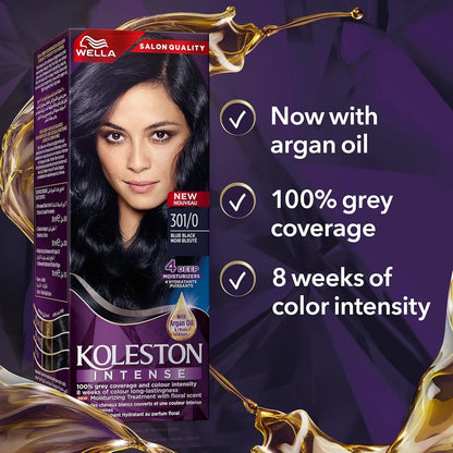 Wella Koleston Intense Hair Color Cream 301/0 Blue Black – 100% Grey Coverage, Argan Oil Infused, Long-Lasting Color for 8 Weeks – Salon Quality Permanent Hair Dye – 1 Tube - Damoo