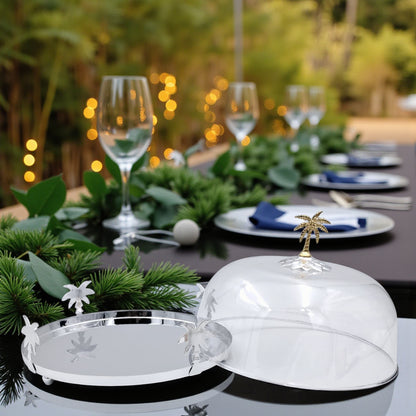 حامل كيك فاخر على شكل شجرة نخيل فضي وذهبي مع غطاء مقبب - صينية عرض حلويات كلاسيكية من الفولاذ والنحاس | طبق تقديم أنيق للكيك والمعجنات والحفلات