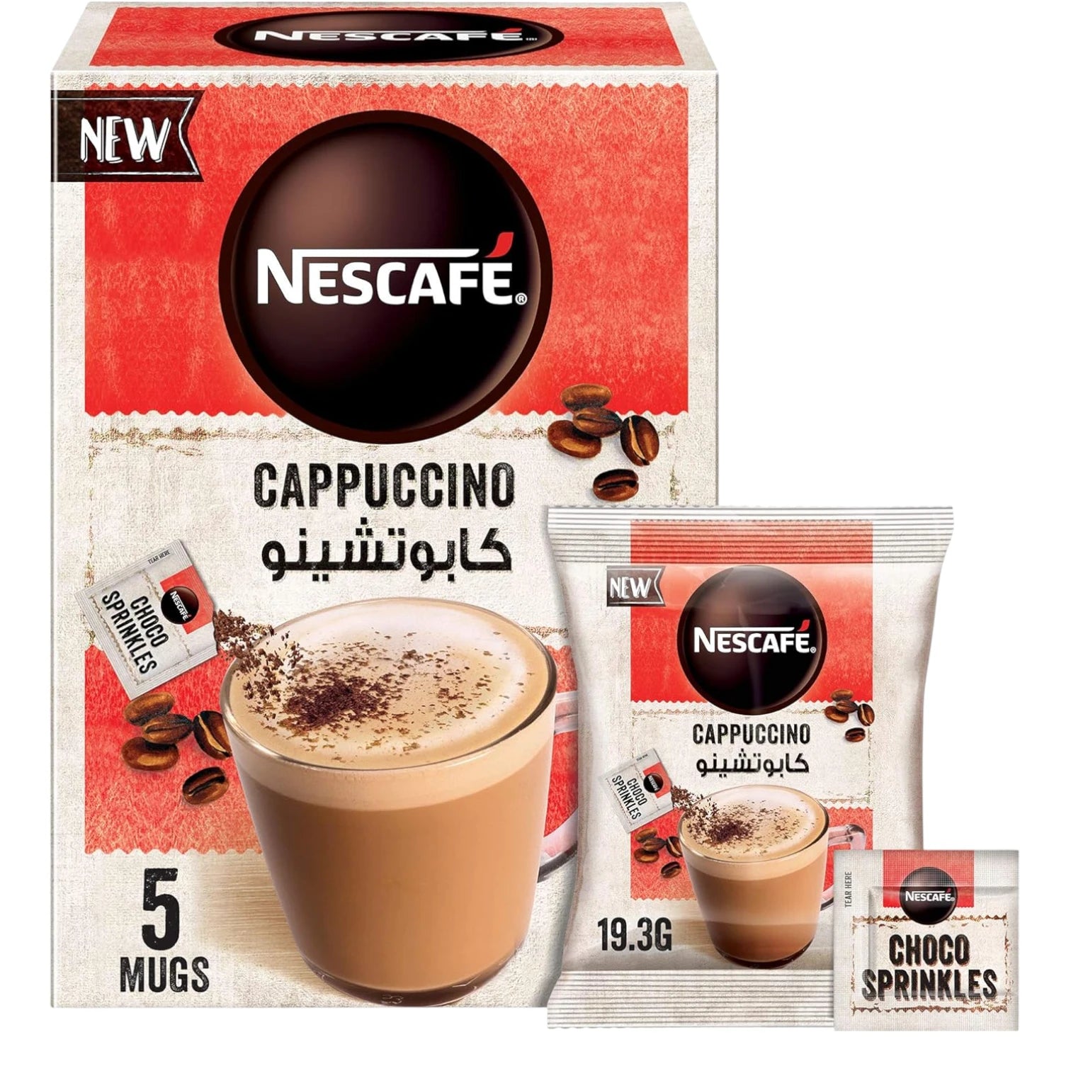 Nescafé Cappuccino Instant Coffee with Chocolate Sprinkles – 5 Sachets x 19.3g | Creamy Foamy Café-Style Coffee | Low Calorie | Dark Roast - Damoo