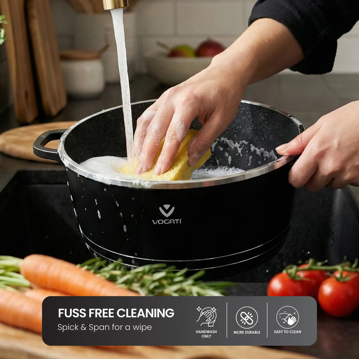 VOGATI 8Pcs Black Titanium Granite Cookware Set with Lids | Nesting Pots with Handles for Everyday Cooking