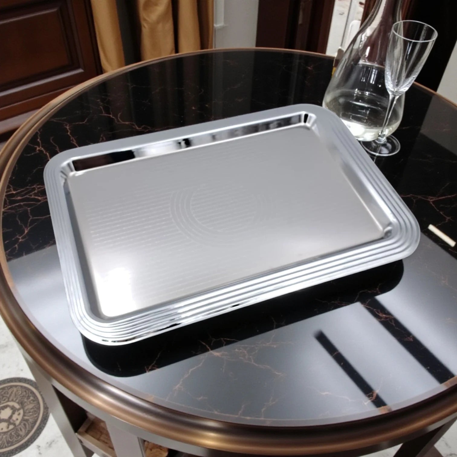 Ansa Luxury Rectangular Silver Serving Tray – Premium Gloss Shine Finish | Durable, Lightweight & Elegant | Ideal for Tea, Coffee, Snacks, Desserts, Parties & Home Hospitality – H(1.5cm) x W(28cm) x L(40cm)