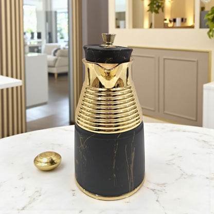 GERMAX Original Black Marble Vacuum Flask 1L – Luxury Gold & Silver Thermos | Premium Glass Liner | 12H Heat Retention | Arabic Coffee & Tea Pot | High-Gloss Metal Finish - Damoo