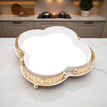 Elegant Ceramic Serving Bowl with Golden Metal Stand and Glass Lid – Luxury Flower-Shaped Dish for Sweets, Snacks & Dry Fruits | Al Habbai Collection - Damoo