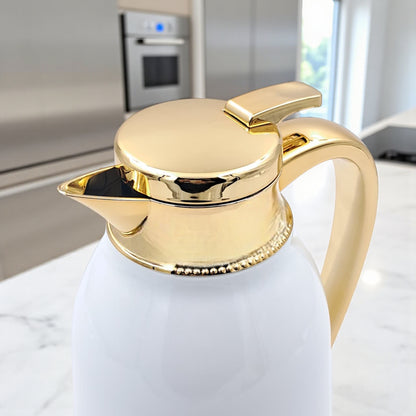 NGT 1.0L UAE National Emblem Vacuum Flask – Premium Gold & White Thermos for Coffee & Tea – Elegant Arabic Dallah Design for Hot & Cold Drinks - Damoo