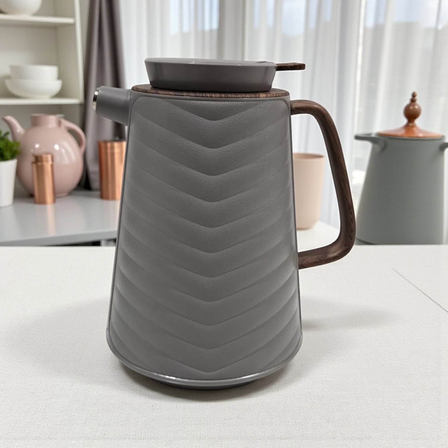 1L Premium Insulated Thermos with Wood-Style Handle | Double Wall Flask for Hot & Cold Beverages | Modern Grey Design for Home, Office & Travel - Damoo