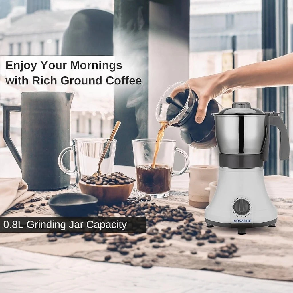 Sonashi Coffee/Spice Grinder – 0.8L, Detachable Stainless Steel Jar, 3-Speed Mixer Grinder, Overheat Protection, 350W Electric Coffee Bean Grinder, Ideal for Spices, Nuts & Dried Fruits – White/Silver/Grey - SCG-4006 - Damoo