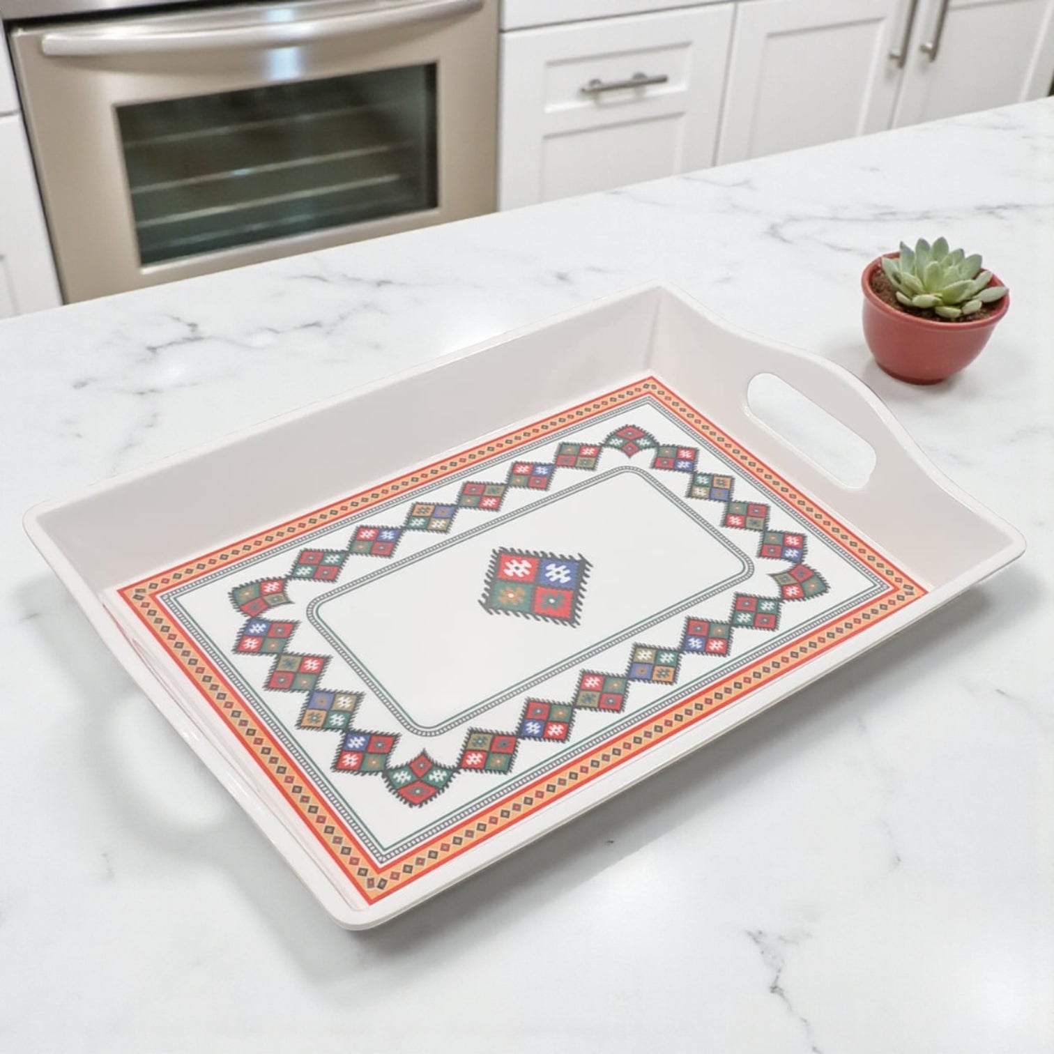 Traditional Patterned Serving Tray – White Rectangular Plastic Tray with Arabic Geometric Design | Durable Handled Tray for Tea, Coffee & Snacks - Damoo