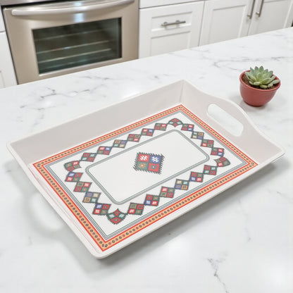 Traditional Patterned Serving Tray – White Rectangular Plastic Tray with Arabic Geometric Design | Durable Handled Tray for Tea, Coffee & Snacks - Damoo
