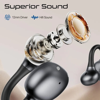 سماعات أذن PROMATE AudioFit لاسلكية حقيقية مفتوحة الأذن – ستيريو، أسود، 28 ساعة مع العلبة، اتصال متعدد النقاط وتحكم باللمس