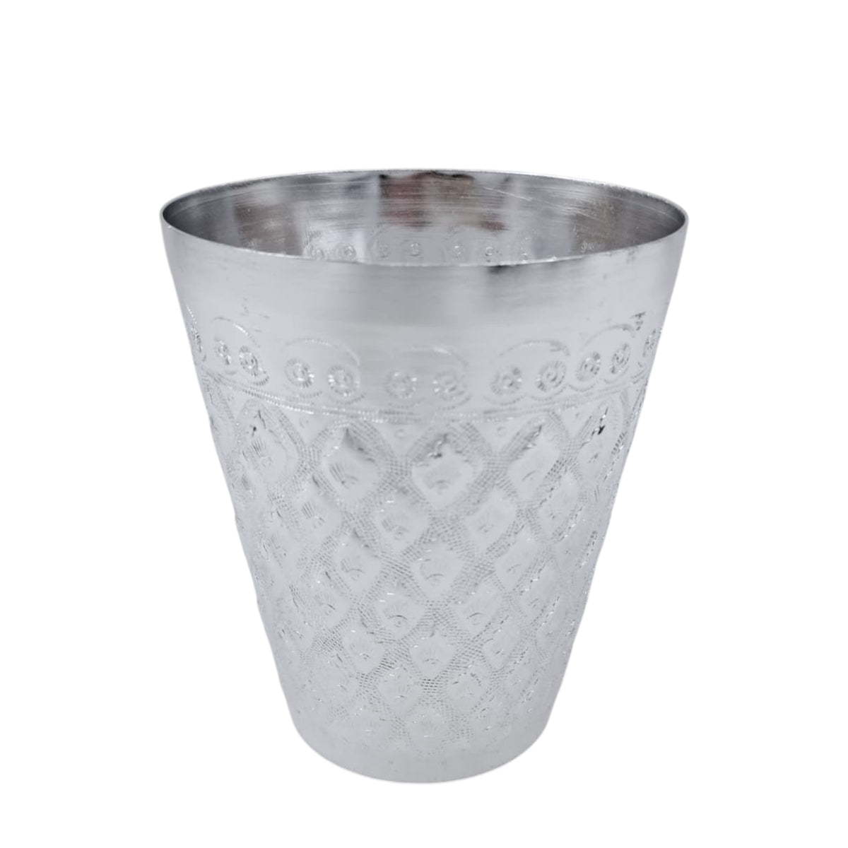 Silver Embossed Aluminum Drinking Cup – Traditional Majlis Water/Tea Glass – Lightweight & Durable Camping Tumbler (H 10.5cm × L 9cm × W 9cm × Base 5.5cm) - Damoo
