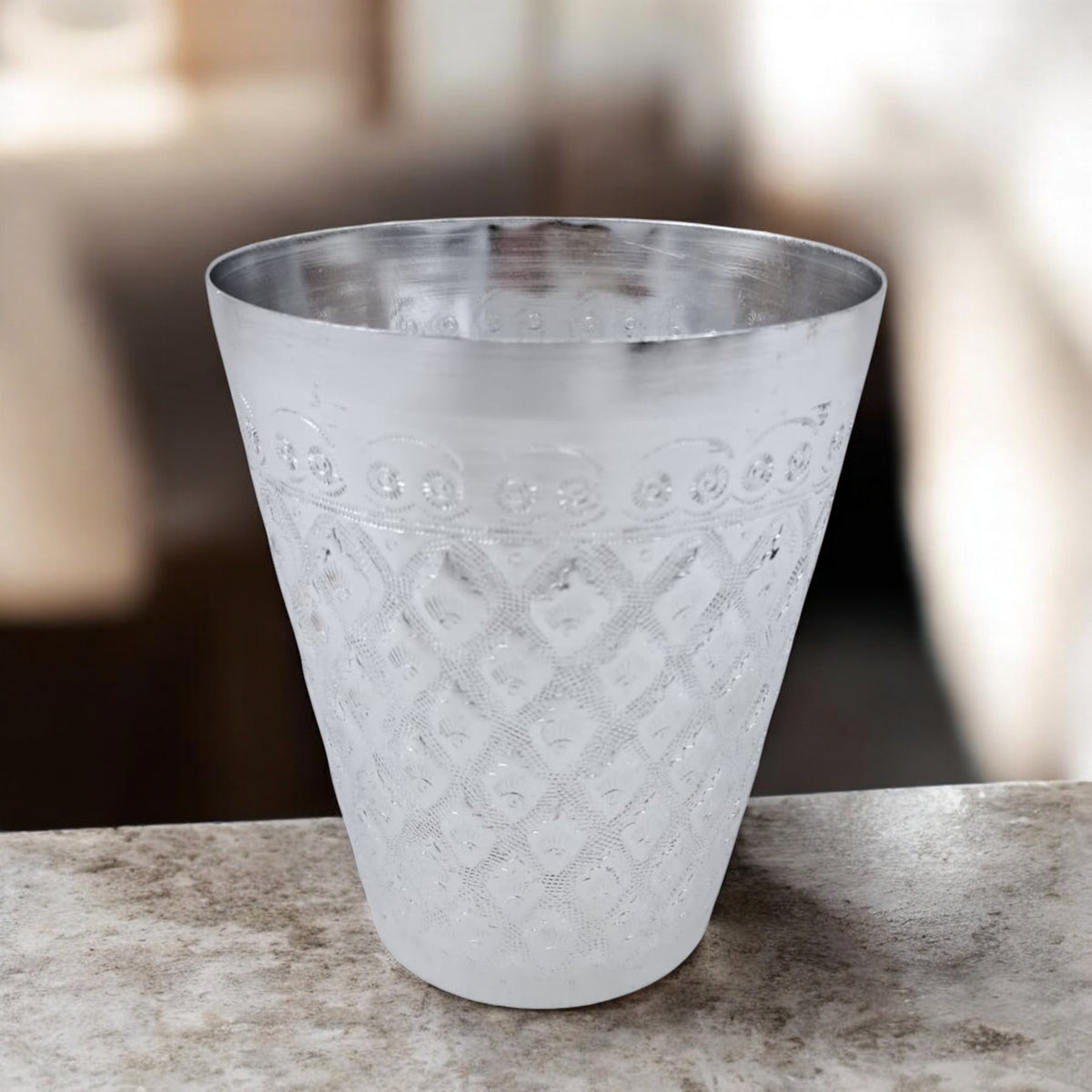 Silver Embossed Aluminum Drinking Cup – Traditional Majlis Water/Tea Glass – Lightweight & Durable Camping Tumbler (H 10.5cm × L 9cm × W 9cm × Base 5.5cm) - Damoo