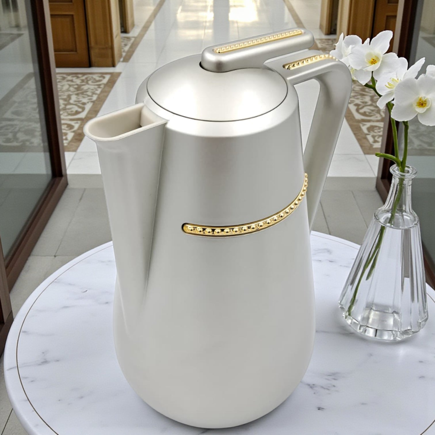 Parati Premium Double-Wall Insulated Tea & Coffee Flask – Rose Gold Vacuum Thermos Jug with Golden Handle Trim | Long-Lasting Heat Preservation | Leak-Proof Lid – 1L
