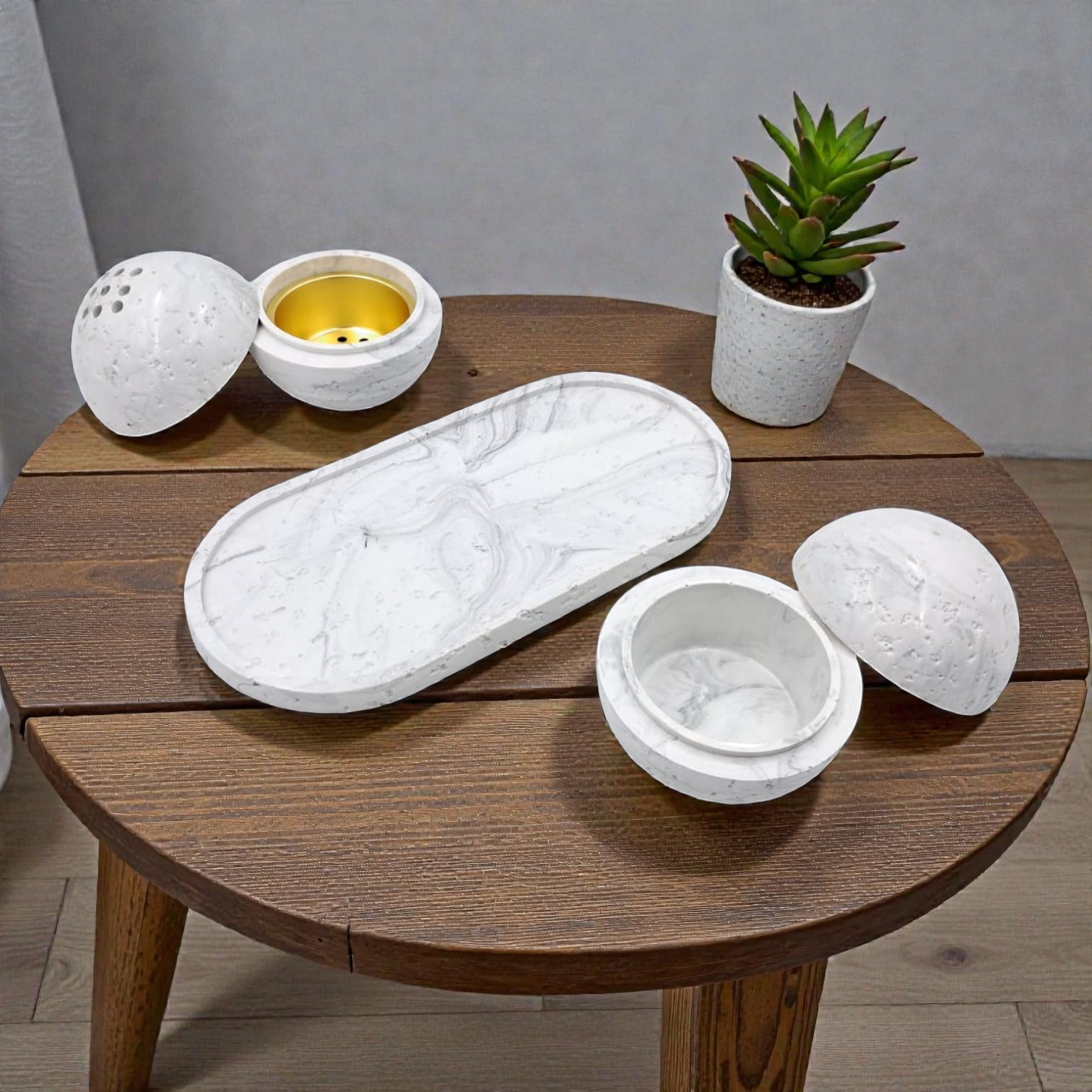 Modern Marble-Style Incense Burner Set with Tray & Storage Box – White Decorative Bakhoor Burner for Home, Majlis & Prayer Space (Burner: 9.5H x 10L × 10W CM) - Damoo