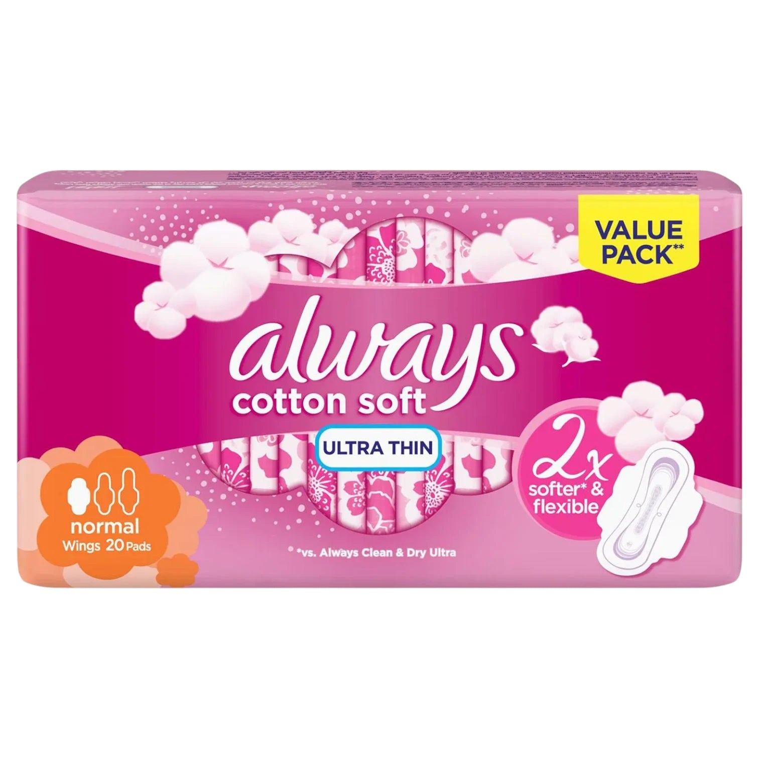 Always Cotton Soft Ultra Thin Sanitary Pads with Wings – Normal Flow, 20 Count | Hypoallergenic, Anti-Leak, Super Soft Protection - Damoo