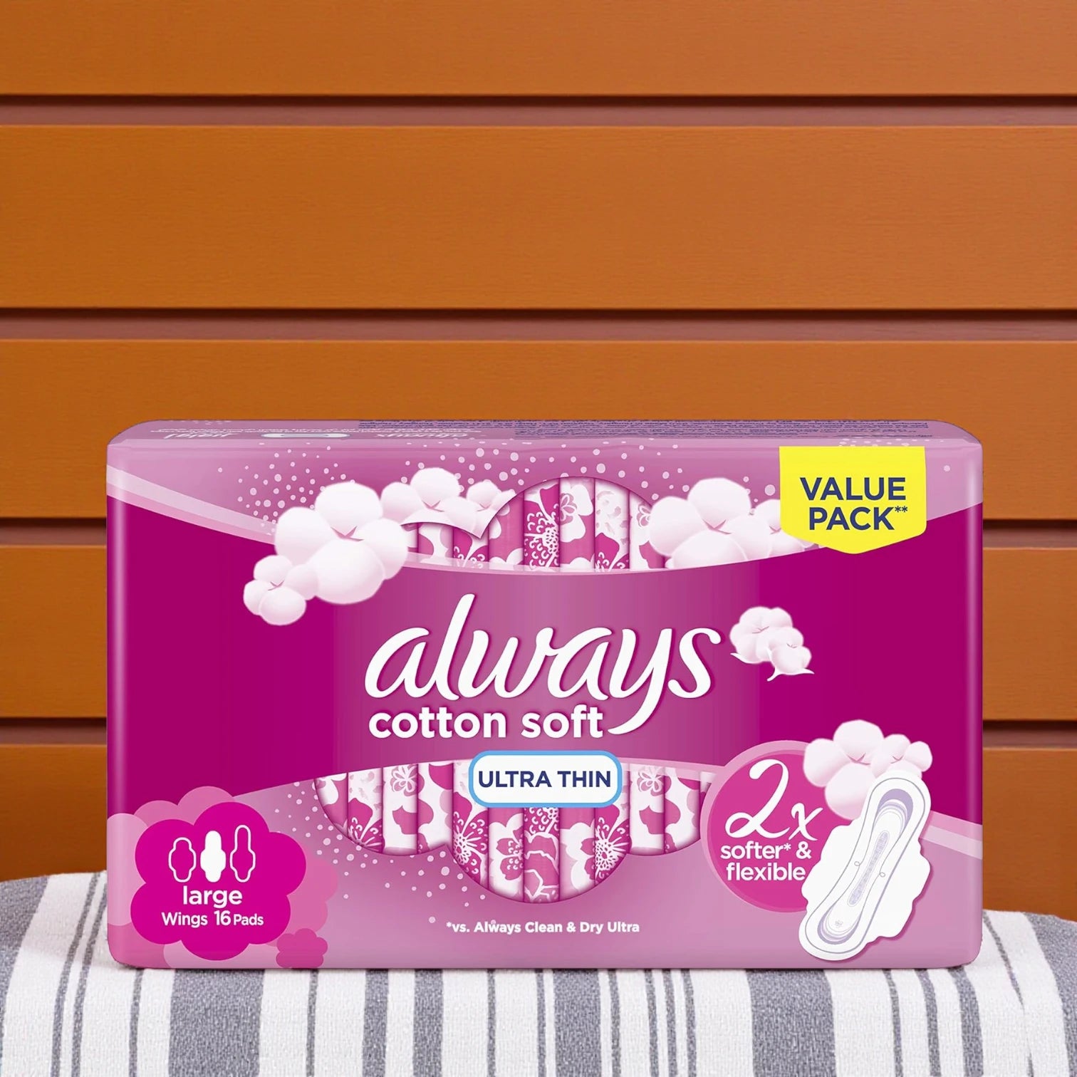 Always Cotton Soft Ultra Thin Sanitary Pads – Large, 16 Count | 2X Softer & Flexible, Extra Absorbent, Skin-Friendly Protection - Damoo