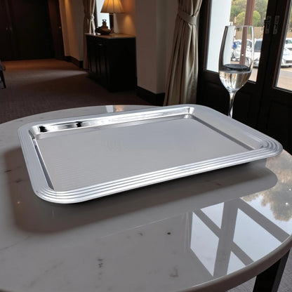 Ansa Luxury Rectangular Silver Serving Tray – Premium Gloss Shine Finish | Durable, Lightweight & Elegant | Ideal for Tea, Coffee, Snacks, Desserts, Parties & Home Hospitality – H(1.5cm) x W(28cm) x L(40cm)