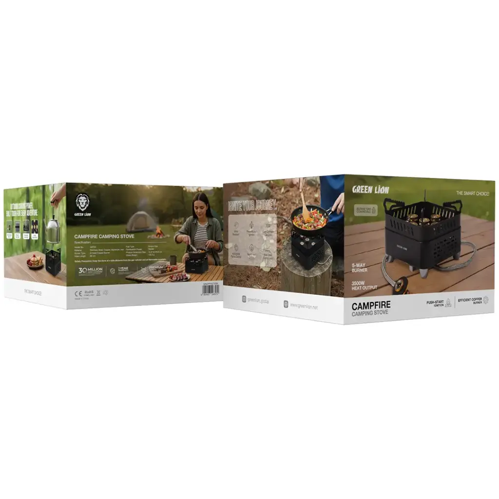 GREEN LION CAMPFIRE Portable Camping Gas Stove – 3500W 5-Way Copper Burner, Butane Compatible, Push-Start Ignition for Outdoor Cooking, Black
