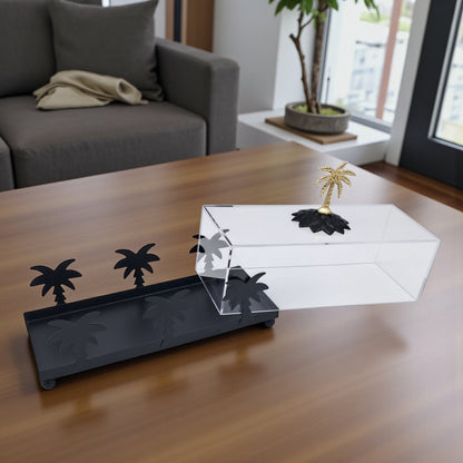 صندوق زخرفي فاخر على شكل شجرة نخيل من الأكريليك والذهب - صينية تخزين أنيقة مع غطاء وقاعدة ذهبية وتصميم نخلة (الارتفاع 16 سم × العرض 10 سم × الطول 24.5 سم)  