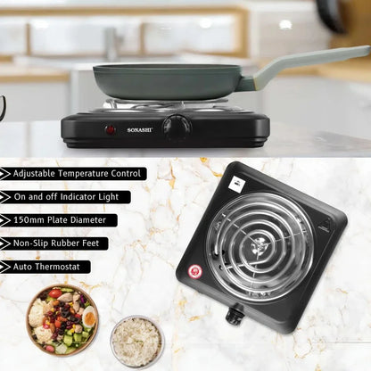 Sonashi Single Spiral Hot Plate – 1500W Portable Electric Cooker with 150mm Plate Diameter, Adjustable Temperature Control, Auto Thermostat, Non-Slip Feet, Indicator Light – Ideal for Home, Office, Dorm, Camping, Black - SHP-609CN - Damoo