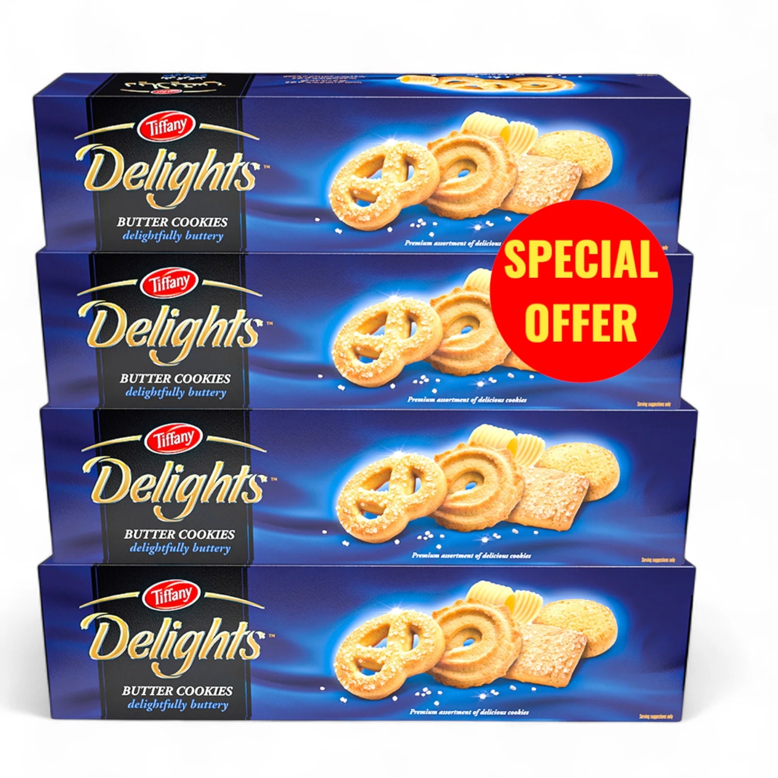 Tiffany Delights Butter Cookies – Assorted Classic Shapes – 4 x 80g Value Pack – Premium Buttery Taste – Perfect for Tea Time, Gifting, and Everyday Snacking – No Artificial Colors – Special Offer Pack - Damoo
