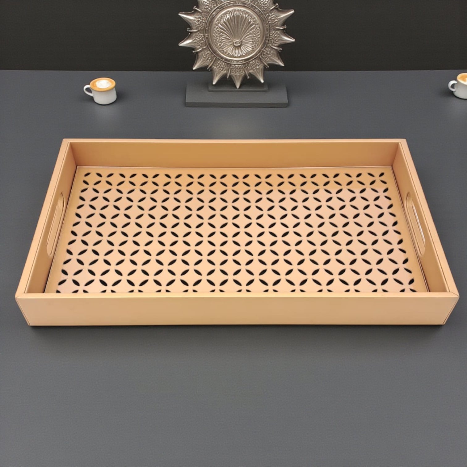 Large Decorative Serving Tray with Cut-Out Pattern | Multipurpose Rectangle Ottoman & Coffee Table Tray | Premium Home Décor Organizer for Dining, Kitchen, Living Room & Office | H(5cm) x W(26cm) x L(45.5cm) - Damoo