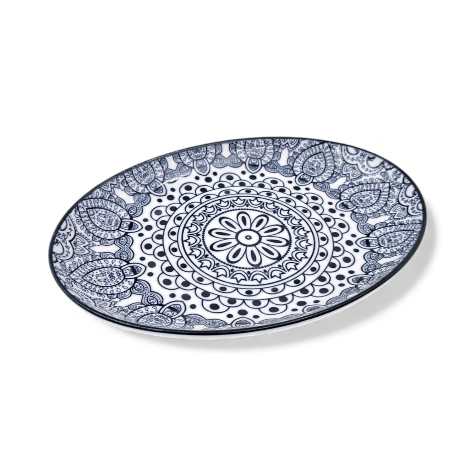 Ceramic Oval Bowl 20 cm – Blue Arabesque Pattern | Glazed Porcelain Serving Bowl for Snacks, Desserts, Nuts & Side Dishes | Microwave & Dishwasher Safe
