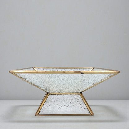 Luxury Square Glass Serving Tray with Golden Edge & Base – Elegant Dessert & Nuts Stand for Home, Parties & Gifting – 18cm